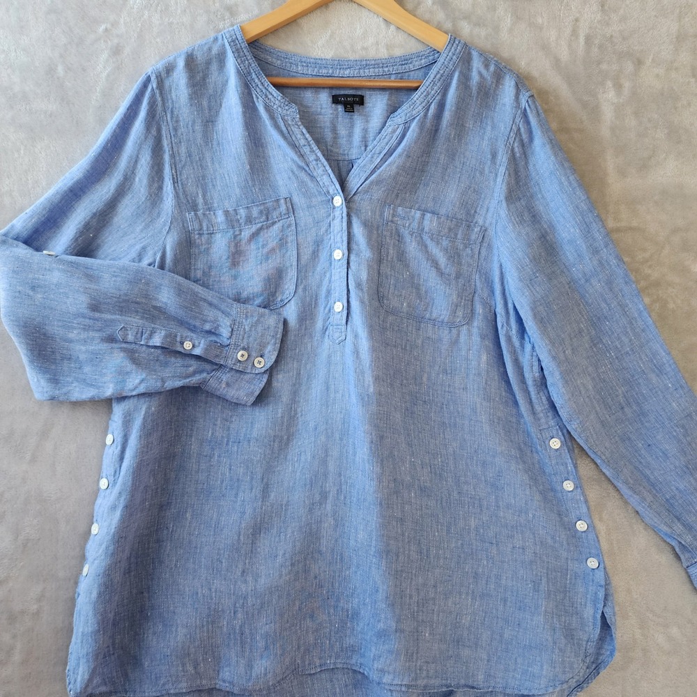 Talbots Linen Shirt Womens Size XL Blue Tab Sleeve Button Hem Tunic Blouse 100%